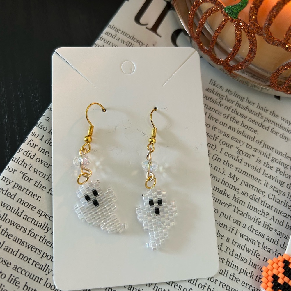 Ghost Beaded Earrings with Gold Hooks
